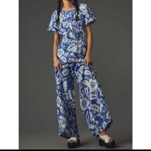 Anthropologie Blue and White Floral Jumpsuit